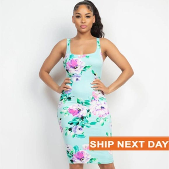 Square Floral Bodycon Sleeveless Dress - Summer Dress - Bodycon - Casual Dress - Picture 1 of 5